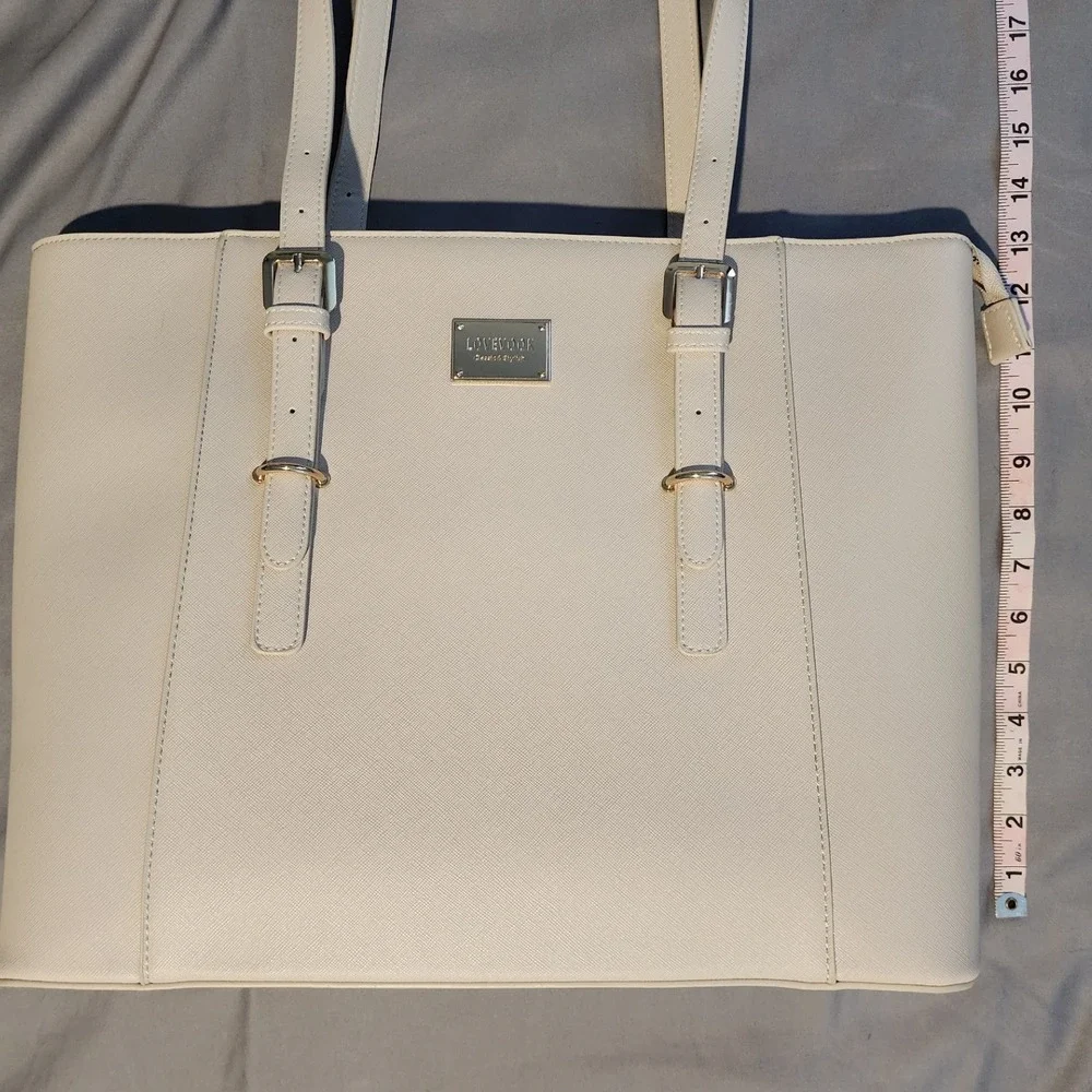 LOVEVOOK Pink-Beige Laptop Tote Bag Vegan Leather Work Bag Gold Hardware Large